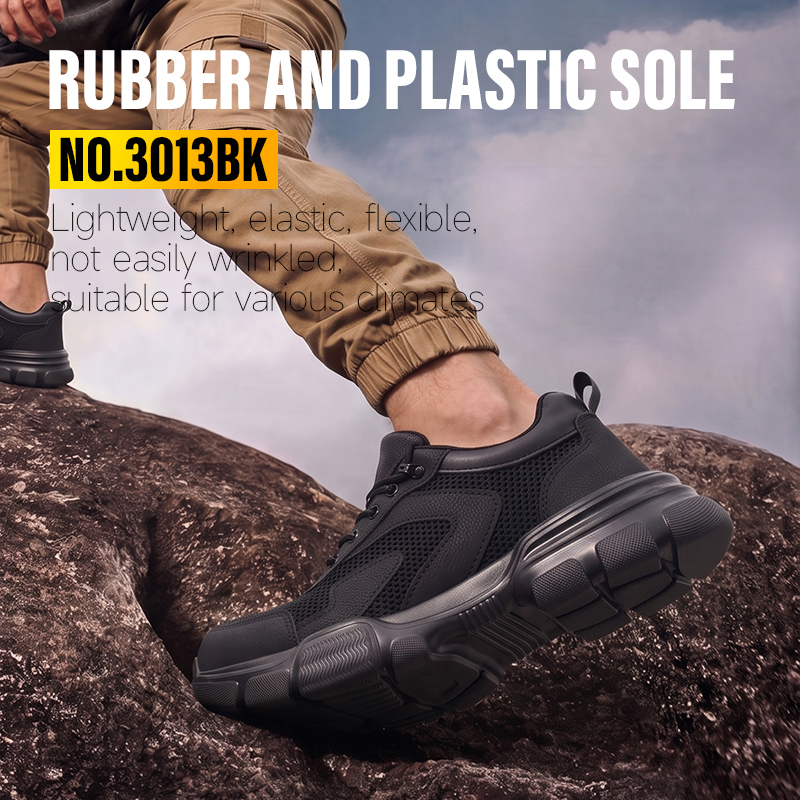 GUYISA steel toe puncture resistant safety shoes flyknit and microfiber upper rubber sole breathable industrial work black