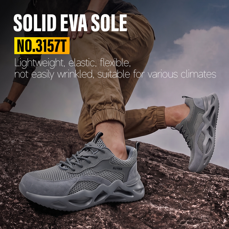 GUYISA Steel Toe Puncture Resistant Safety Shoes Breathable Flyknit Suede Microfiber EVA Sole Industrial Work Summer Grey