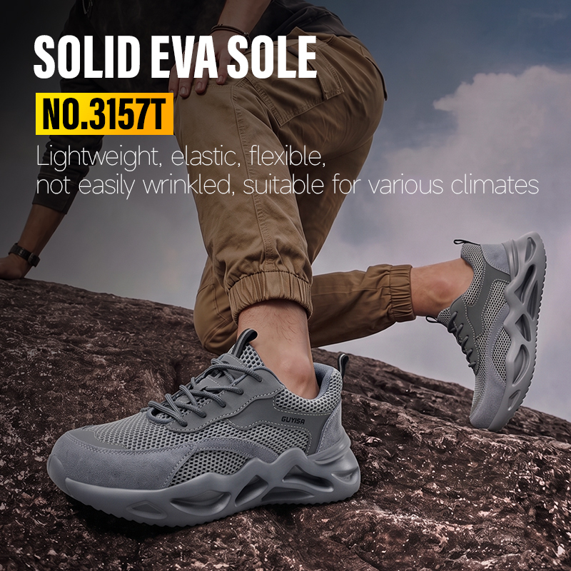 GUYISA Steel Toe Puncture Resistant Safety Shoes Breathable Flyknit Suede Microfiber EVA Sole Industrial Work Summer Grey