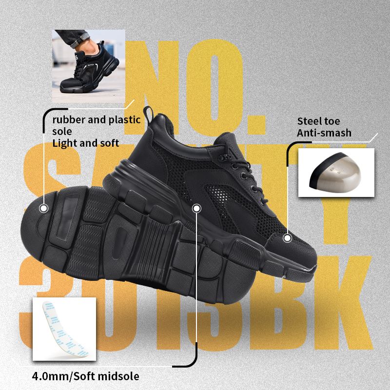 GUYISA steel toe puncture resistant safety shoes flyknit and microfiber upper rubber sole breathable industrial work black