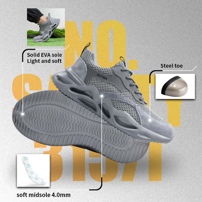 GUYISA Steel Toe Puncture Resistant Safety Shoes Breathable Flyknit Suede Microfiber EVA Sole Industrial Work Summer Grey
