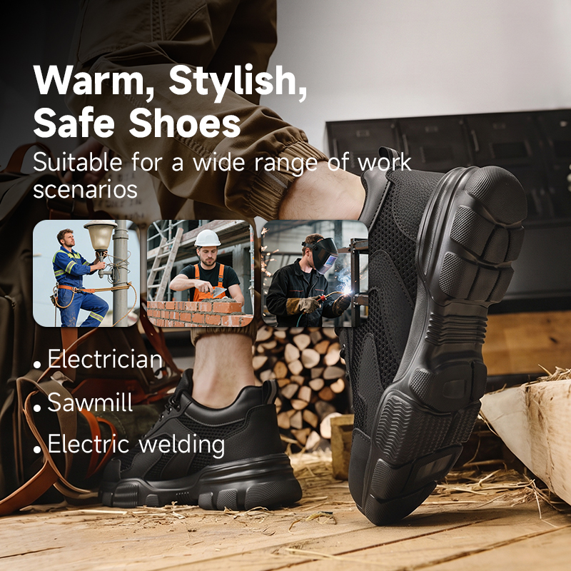 GUYISA steel toe puncture resistant safety shoes flyknit and microfiber upper rubber sole breathable industrial work black