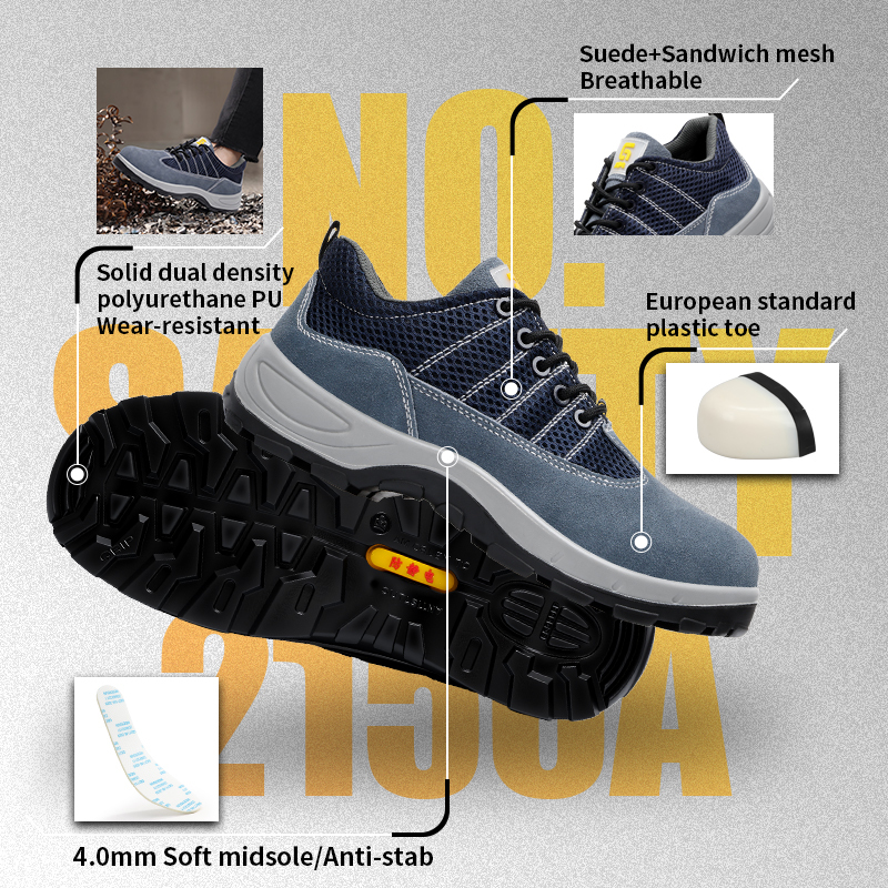 GUYISA composite toe puncture resistant anti static safety shoes suede and mesh blue dual density PU sole industrial work