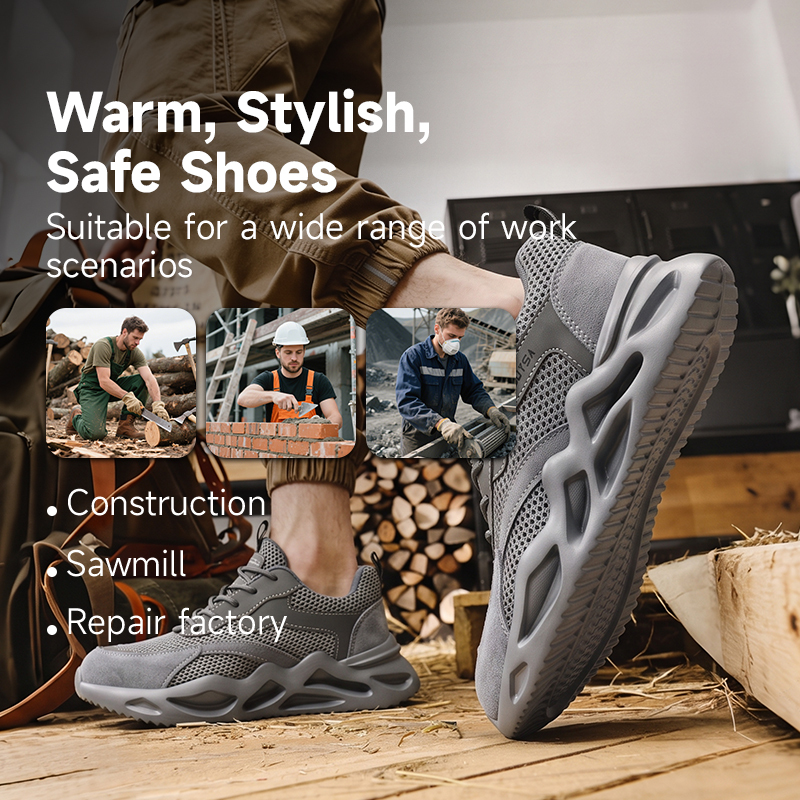 GUYISA Steel Toe Puncture Resistant Safety Shoes Breathable Flyknit Suede Microfiber EVA Sole Industrial Work Summer Grey