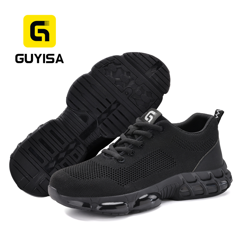 GUYISA steel toe puncture resistant safety shoes flyknit upper dual density PU sole industrial work breathable black summer