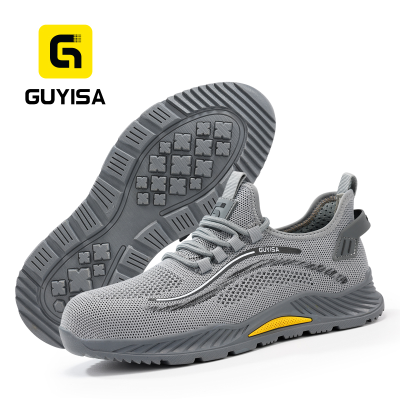 GUYISA steel toe puncture resistant flyknit mesh safety shoes breathable rubber sole industrial work low top grey all season