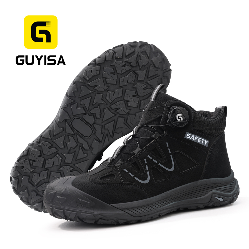GUYISA steel toe puncture resistant safety boot microfiber upper rubber sole breathable flyknit lining black industrial work