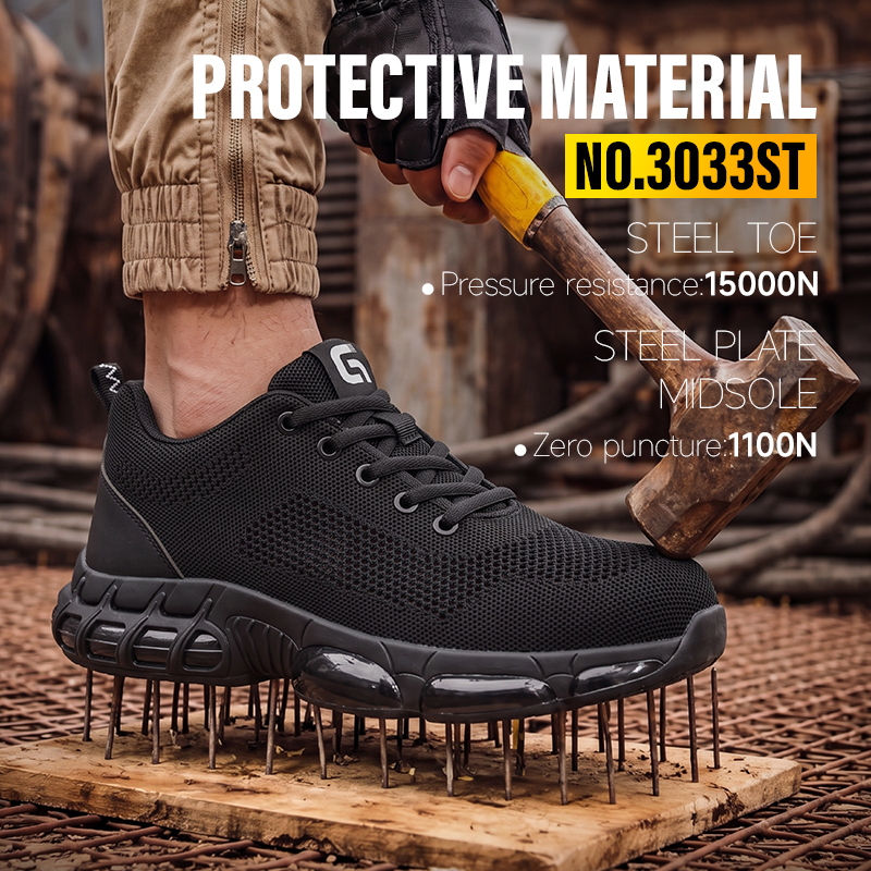 GUYISA steel toe puncture resistant safety shoes flyknit upper dual density PU sole industrial work breathable black summer