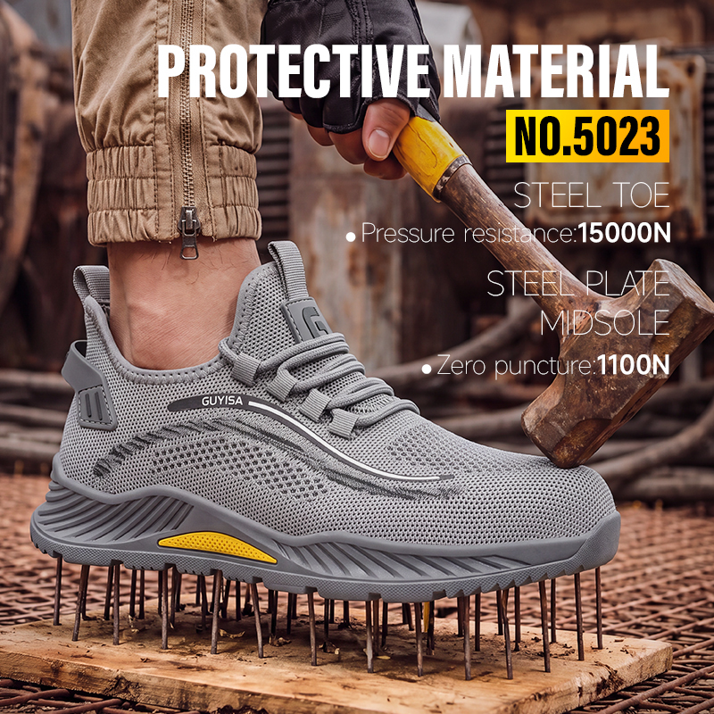 GUYISA steel toe puncture resistant flyknit mesh safety shoes breathable rubber sole industrial work low top grey all season
