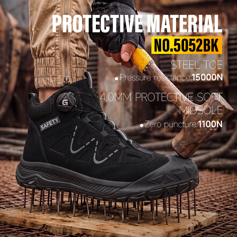 GUYISA steel toe puncture resistant safety boot microfiber upper rubber sole breathable flyknit lining black industrial work