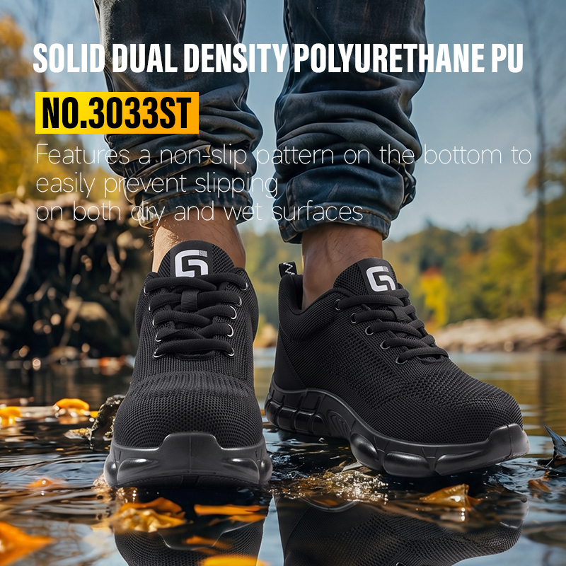 GUYISA steel toe puncture resistant safety shoes flyknit upper dual density PU sole industrial work breathable black summer