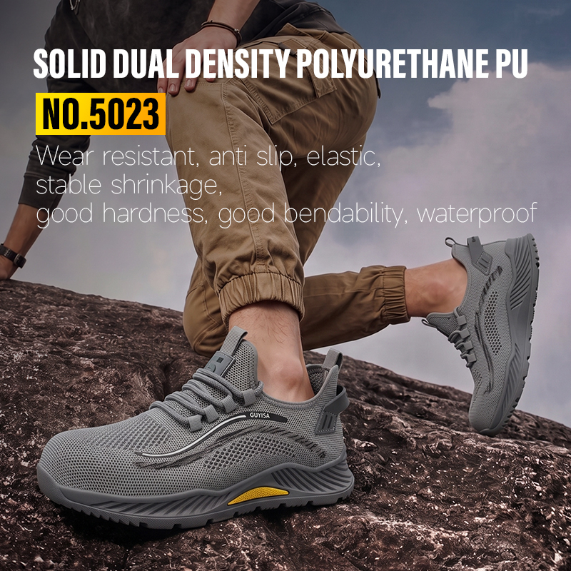 GUYISA steel toe puncture resistant flyknit mesh safety shoes breathable rubber sole industrial work low top grey all season