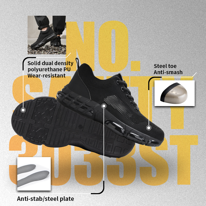 GUYISA steel toe puncture resistant safety shoes flyknit upper dual density PU sole industrial work breathable black summer