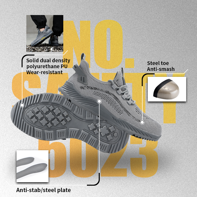 GUYISA steel toe puncture resistant flyknit mesh safety shoes breathable rubber sole industrial work low top grey all season
