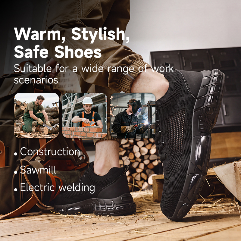 GUYISA steel toe puncture resistant safety shoes flyknit upper dual density PU sole industrial work breathable black summer