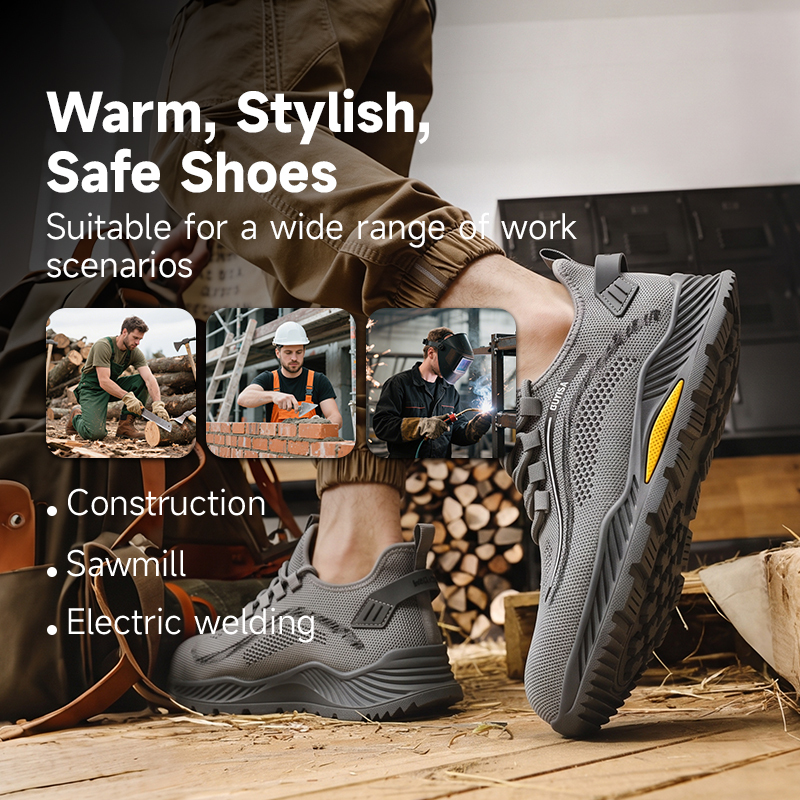 GUYISA steel toe puncture resistant flyknit mesh safety shoes breathable rubber sole industrial work low top grey all season