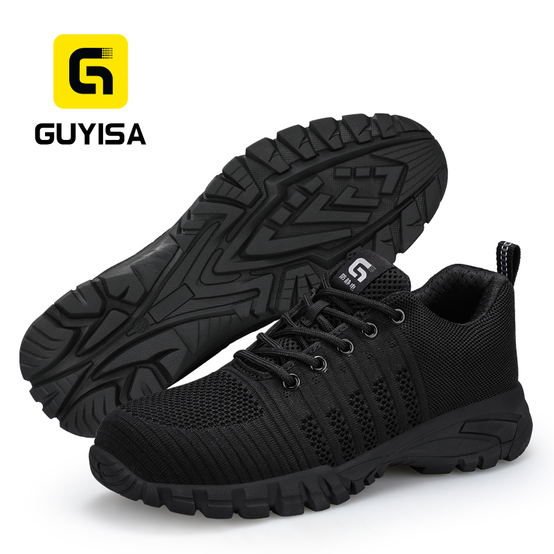 GUYISA Anti Static Non Metallic Safety Shoes Flyknit Upper Rubber Sole Breathable Black Low Top Industrial Work Mesh Lining