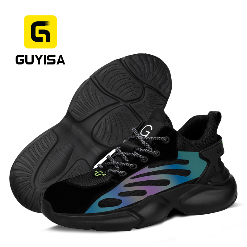 GUYISA steel toe puncture resistant low top safety shoes flyknit pigskin leather upper rubber plastic sole industrial work