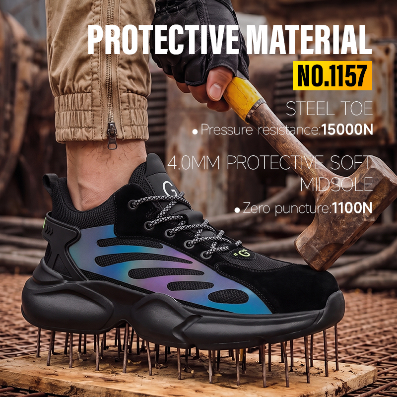 GUYISA steel toe puncture resistant low top safety shoes flyknit pigskin leather upper rubber plastic sole industrial work