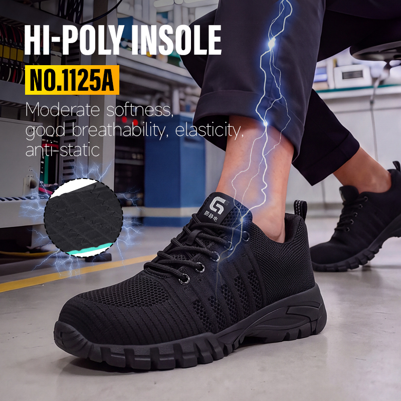 GUYISA Anti Static Non Metallic Safety Shoes Flyknit Upper Rubber Sole Breathable Black Low Top Industrial Work Mesh Lining