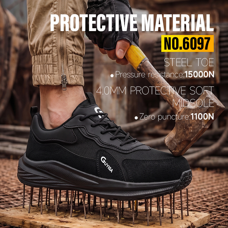 GUYISA steel toe puncture resistant safety shoes flyknit steel wire upper rubber plastic sole breathable industrial work