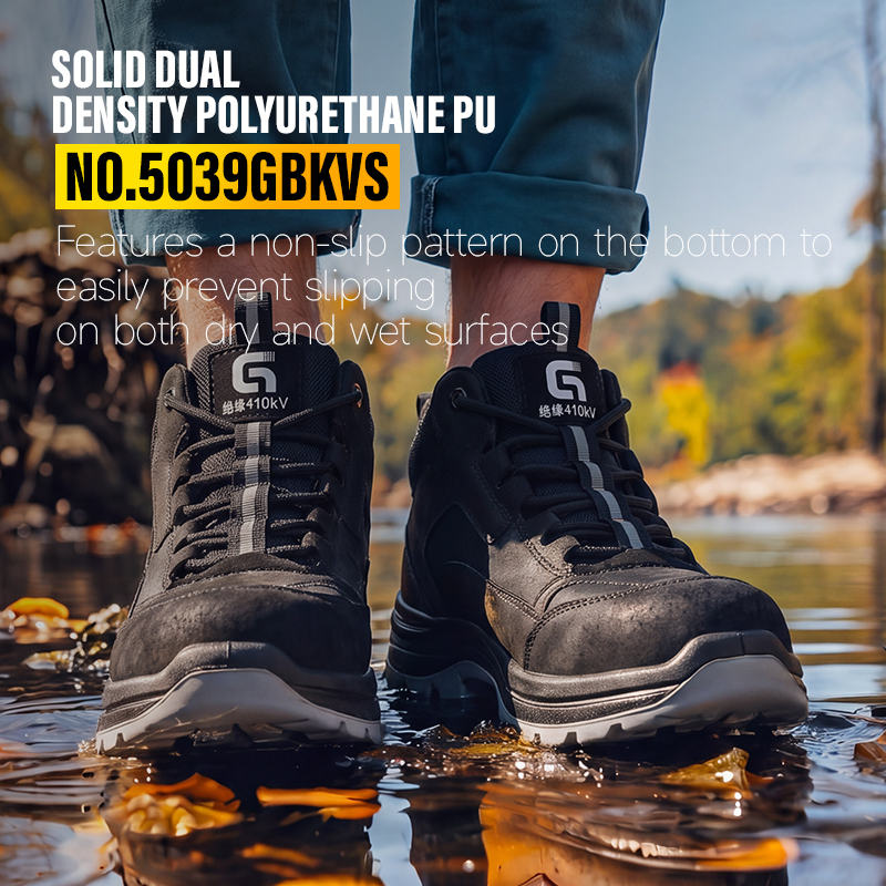 GUYISA composite toe puncture resistant 10KV insulated safety boot microfiber steel mesh upper dual density PU sole black