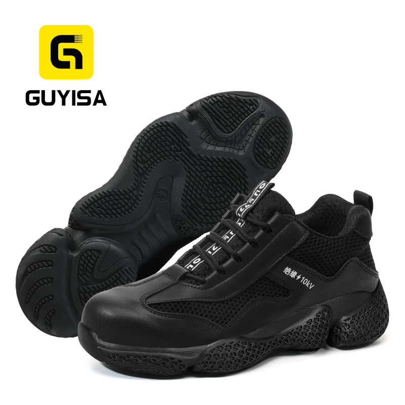 GUYISA steel toe puncture resistant 10KV insulated safety shoes flyknit microfiber upper rubber sole industrial work black