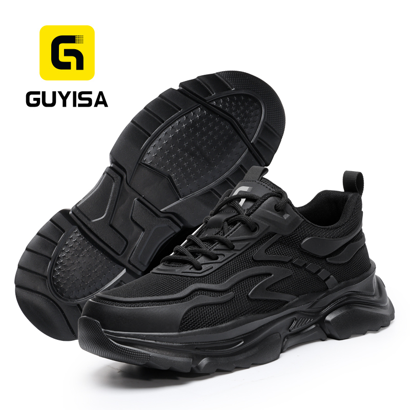 GUYISA steel toe puncture resistant safety shoes flyknit upper KPU panel rubber sole industrial work black comfort insole