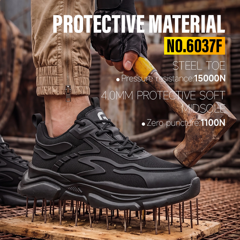 GUYISA steel toe puncture resistant safety shoes flyknit upper KPU panel rubber sole industrial work black comfort insole