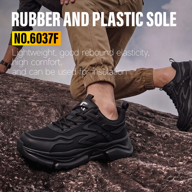 GUYISA steel toe puncture resistant safety shoes flyknit upper KPU panel rubber sole industrial work black comfort insole