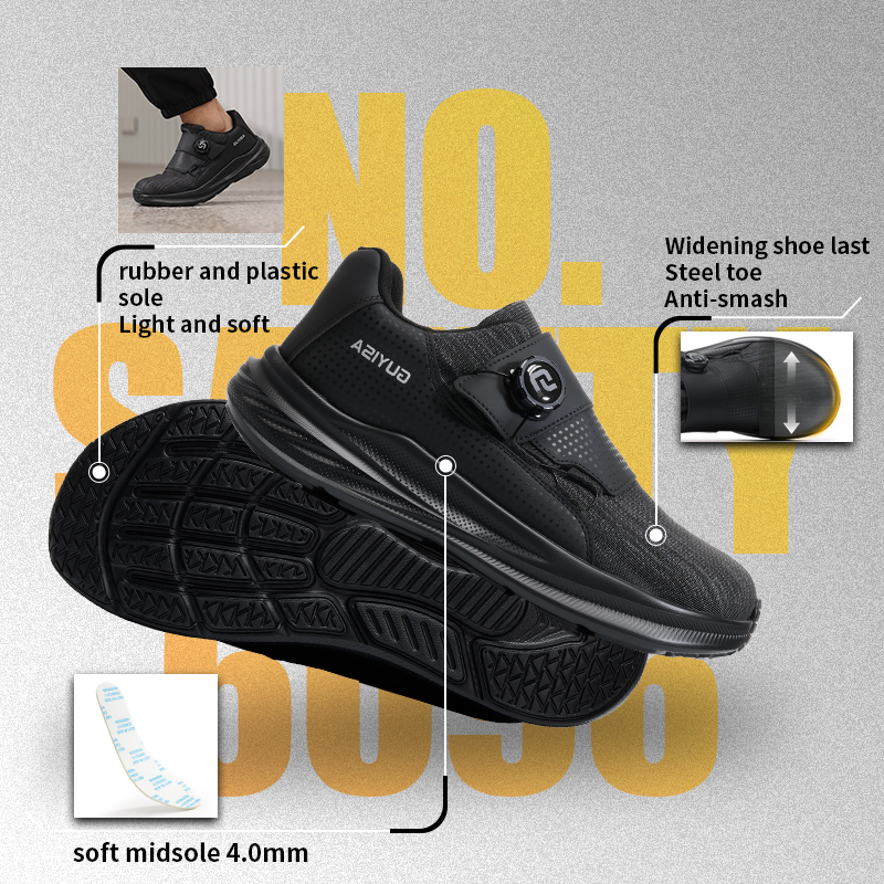 GUYISA safety shoes European steel toe puncture resistant flyknit and steel mesh upper rubber plastic sole industrial work
