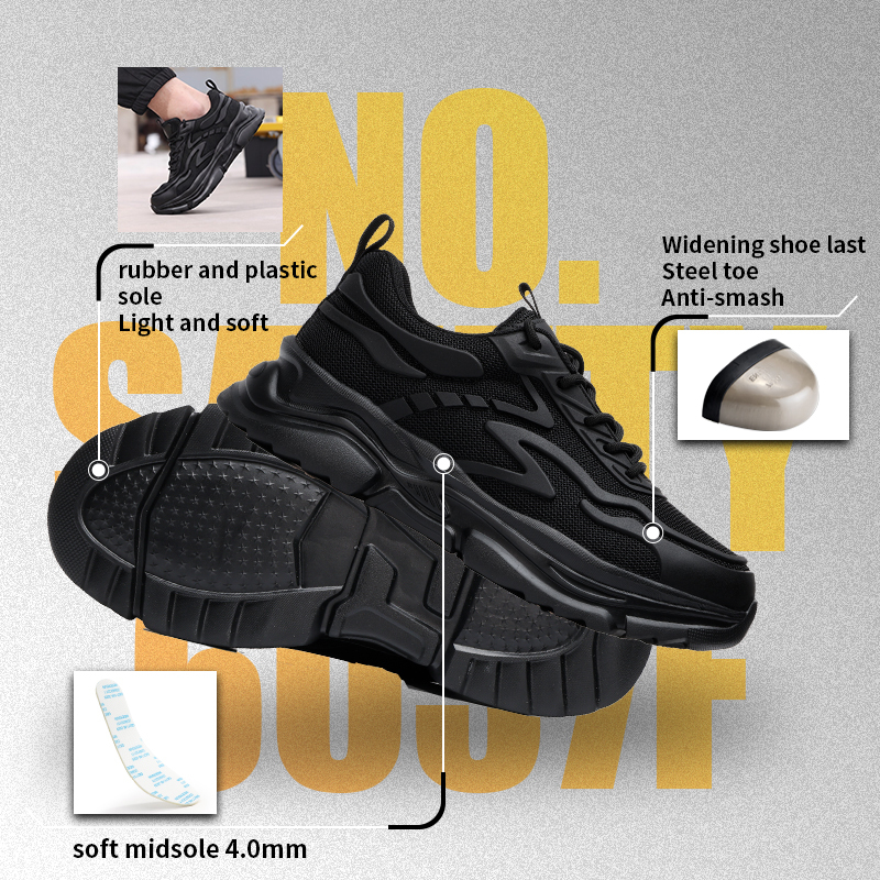 GUYISA steel toe puncture resistant safety shoes flyknit upper KPU panel rubber sole industrial work black comfort insole