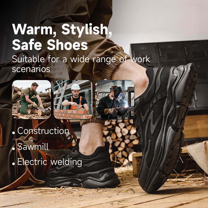 GUYISA steel toe puncture resistant safety shoes flyknit upper KPU panel rubber sole industrial work black comfort insole
