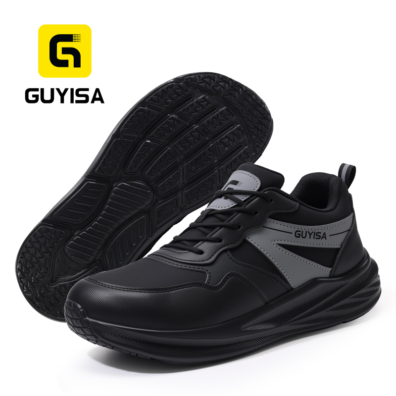 GUYISA safety shoes steel toe puncture resistant microfiber upper rubber plastic sole flyknit mesh lining all season black