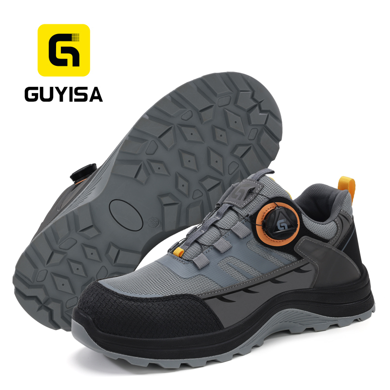 GUYISA safety shoes steel toe puncture resistant gray microfiber upper dual density PU sole industrial work flyknit lining