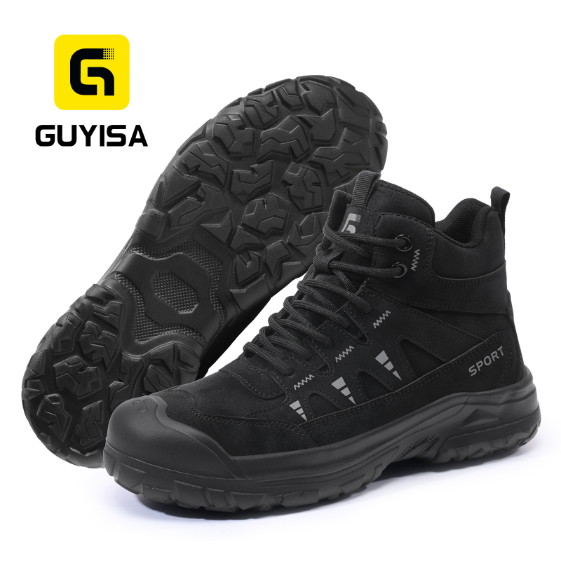 GUYISA Safety Boot Steel Toe Puncture Resistant Industrial Work Microfiber Upper Rubber Sole Flyknit Lining High Top Black