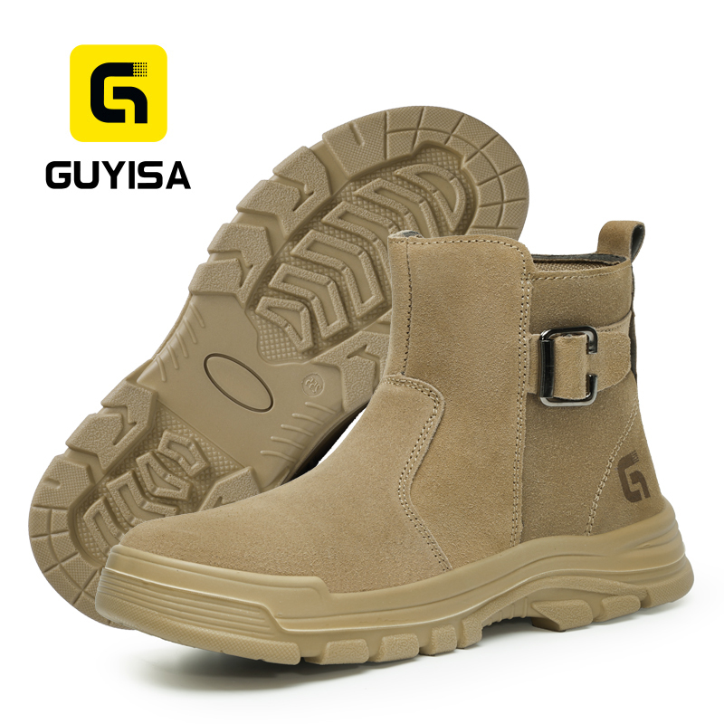 GUYISA safety boot steel toe puncture resistant khaki suede upper dual density PU sole flyknit mesh lining welder series