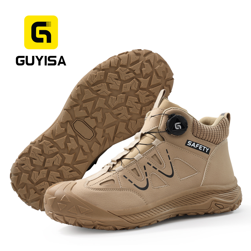GUYISA steel toe puncture resistant safety boot microfiber upper rubber sole industrial work flyknit lining all season khaki