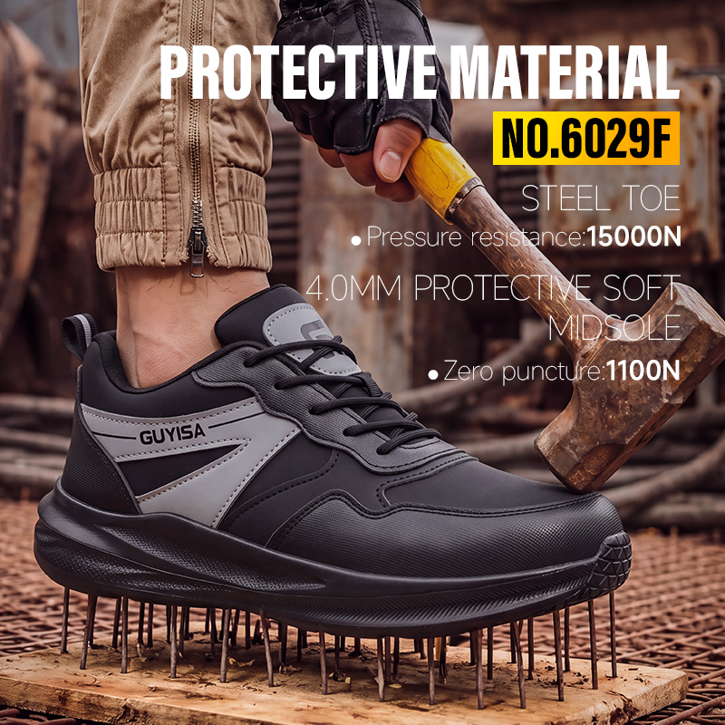 GUYISA safety shoes steel toe puncture resistant microfiber upper rubber plastic sole flyknit mesh lining all season black