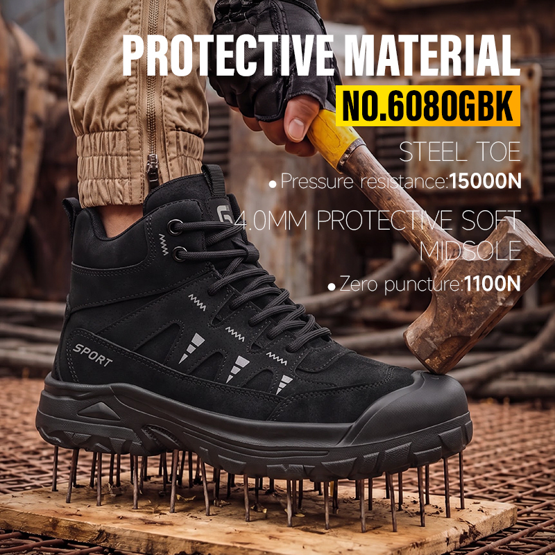 GUYISA Safety Boot Steel Toe Puncture Resistant Industrial Work Microfiber Upper Rubber Sole Flyknit Lining High Top Black