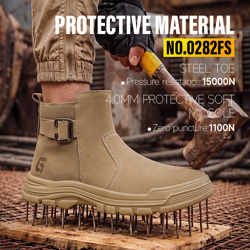 GUYISA safety boot steel toe puncture resistant khaki suede upper dual density PU sole flyknit mesh lining welder series