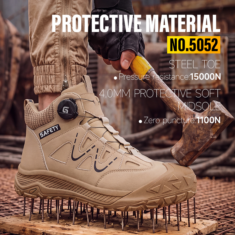 GUYISA steel toe puncture resistant safety boot microfiber upper rubber sole industrial work flyknit lining all season khaki