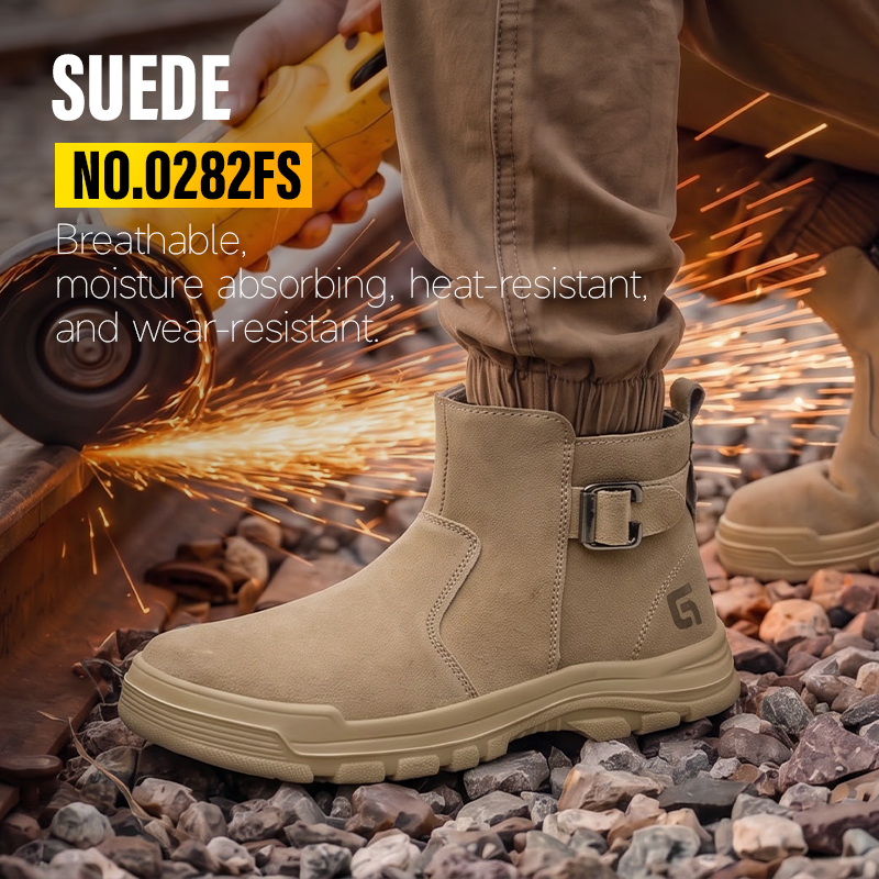 GUYISA safety boot steel toe puncture resistant khaki suede upper dual density PU sole flyknit mesh lining welder series