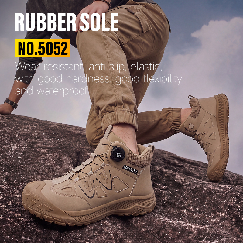 GUYISA steel toe puncture resistant safety boot microfiber upper rubber sole industrial work flyknit lining all season khaki