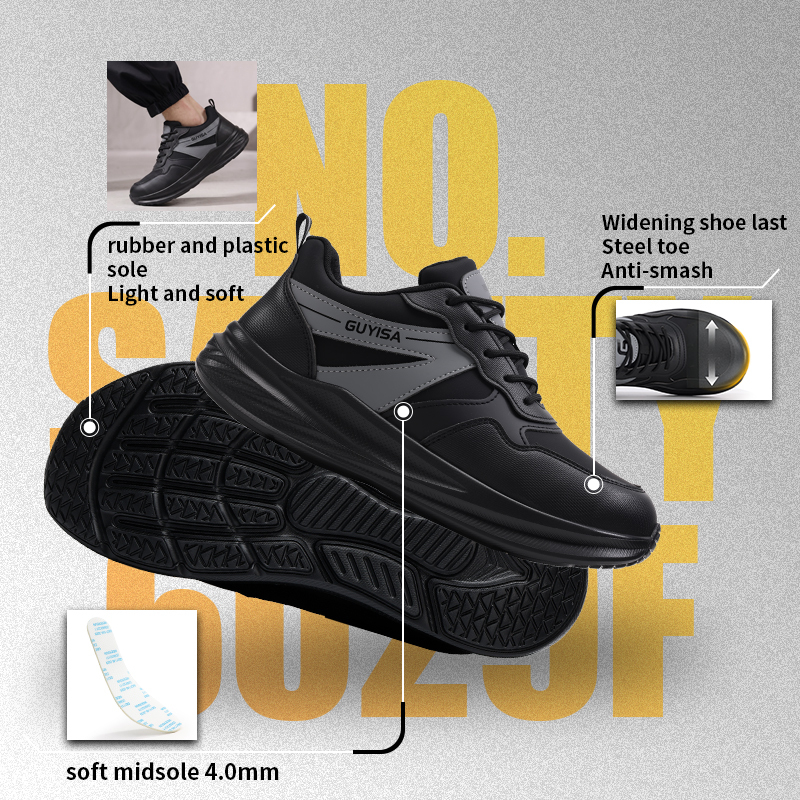GUYISA safety shoes steel toe puncture resistant microfiber upper rubber plastic sole flyknit mesh lining all season black