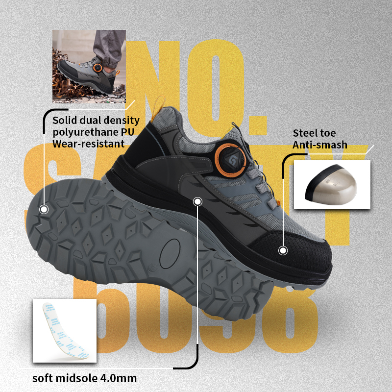 GUYISA safety shoes steel toe puncture resistant gray microfiber upper dual density PU sole industrial work flyknit lining