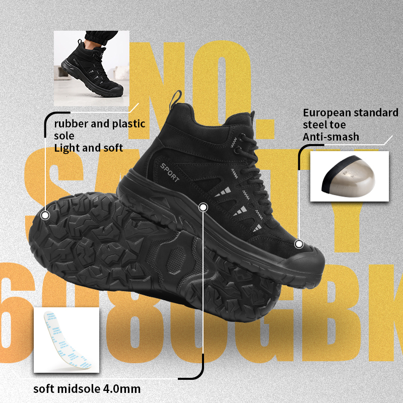 GUYISA Safety Boot Steel Toe Puncture Resistant Industrial Work Microfiber Upper Rubber Sole Flyknit Lining High Top Black