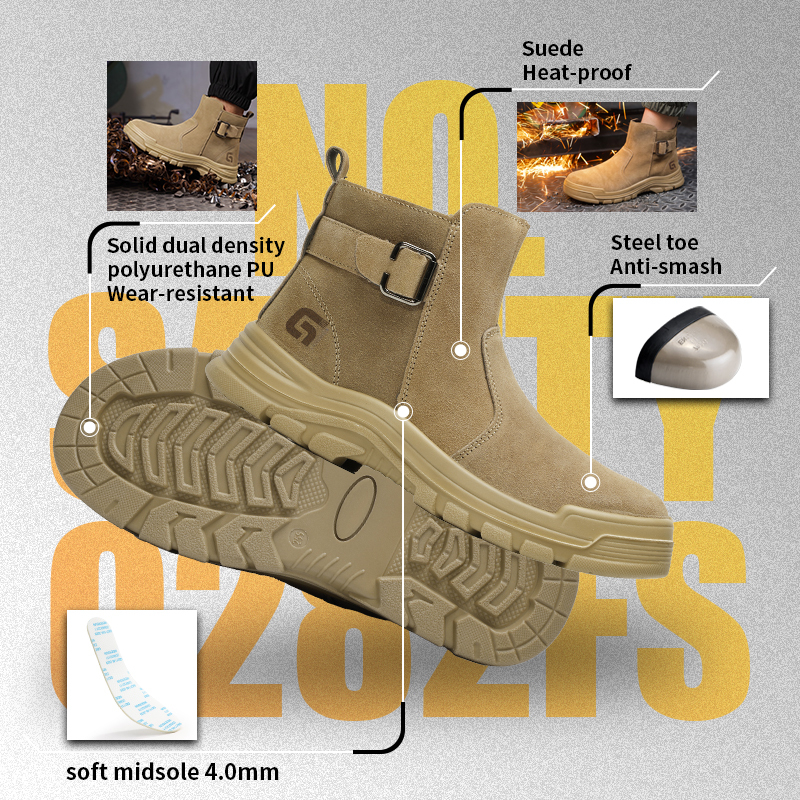 GUYISA safety boot steel toe puncture resistant khaki suede upper dual density PU sole flyknit mesh lining welder series