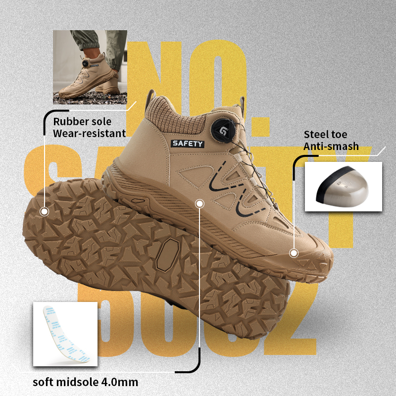 GUYISA steel toe puncture resistant safety boot microfiber upper rubber sole industrial work flyknit lining all season khaki