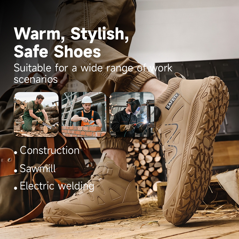 GUYISA steel toe puncture resistant safety boot microfiber upper rubber sole industrial work flyknit lining all season khaki